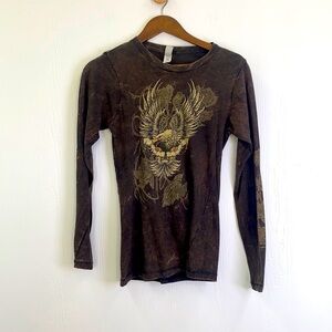 Hot Leathers - Brown Tie Dyed Bald Eagle and Roses Long Sleeve Shirt Size Medium